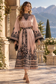 VISCOSE SATIN CAFTAN WITH FEATHERS - GRAFFITI POWDER