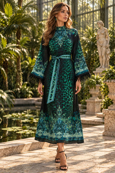 VISCOSE CAFTAN WITH FEATHERS - LEO NEON GREEN