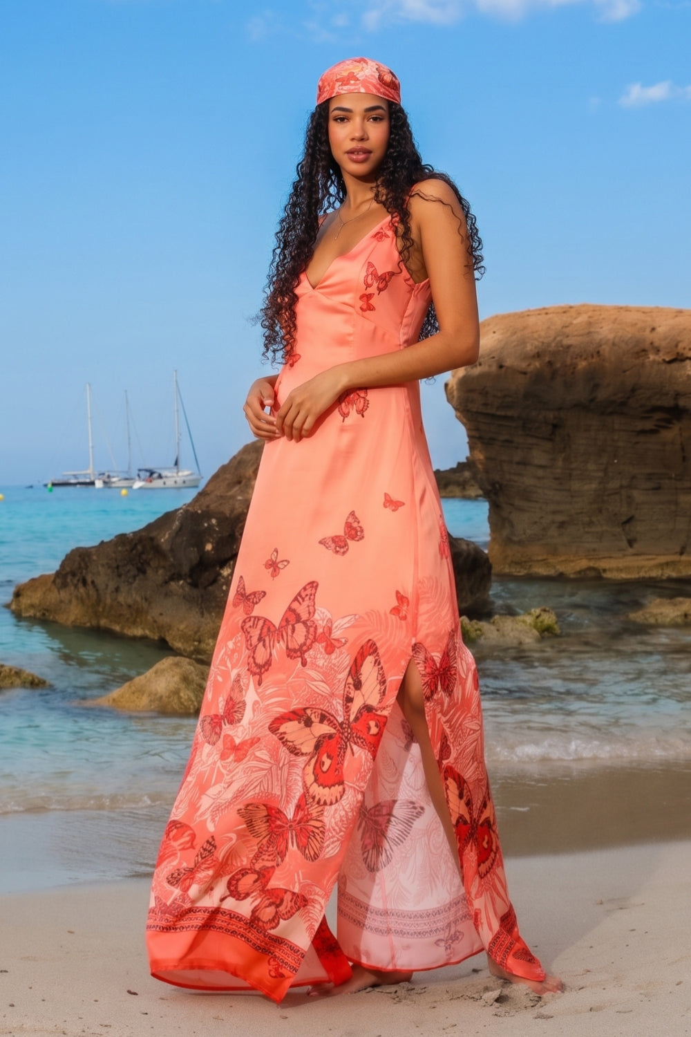 VISCOSE SLIP DRESS WITH OPEN BACK AND THIN STRAPS - PAPAYA BUTTERFLIES