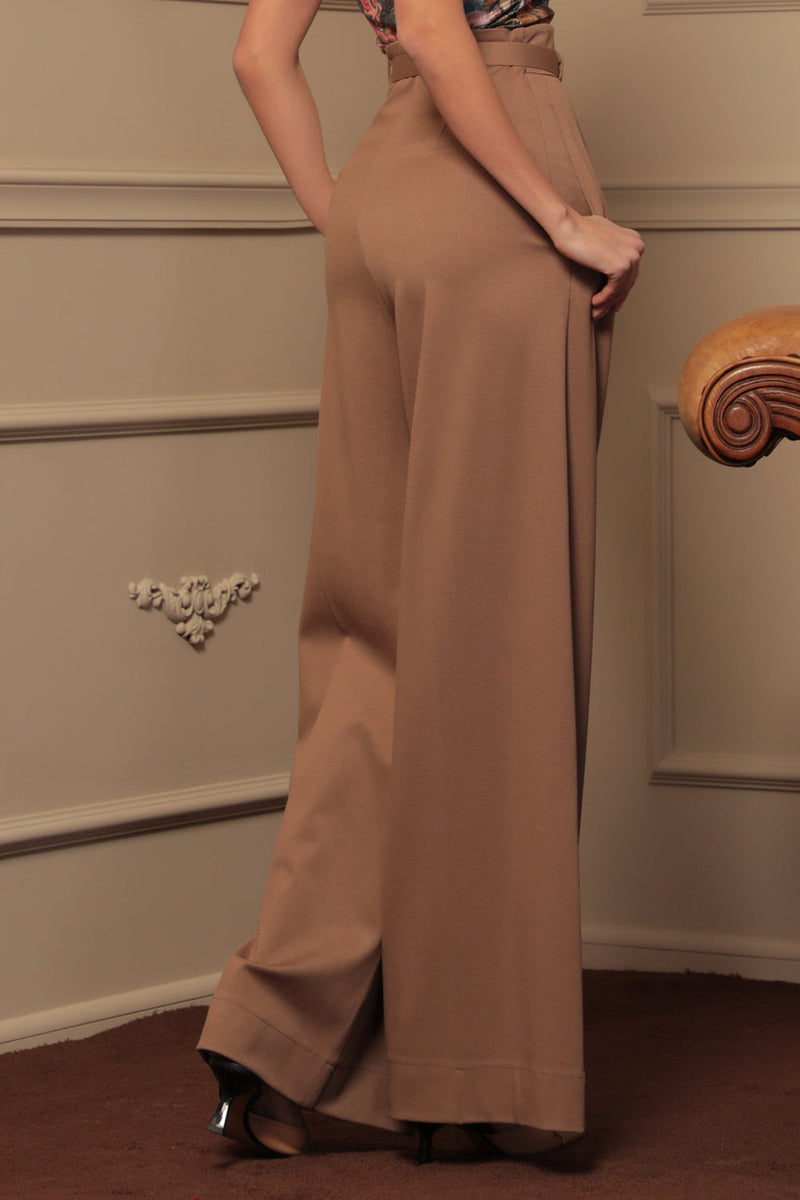 PANTALON BEIGE ESSENTIELS EN MÉLANGE DE VISCOSE TAILLE HAUTE