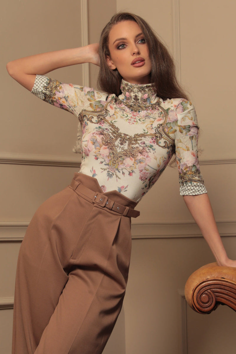 TOP WITH SHOULDER FRILLS - BAROQUE FLOWERS JIORO ТОП С ЕФЕКТЕН РЕГЛАН РЪКАВ - BAROQUE FLOWERS JIORO