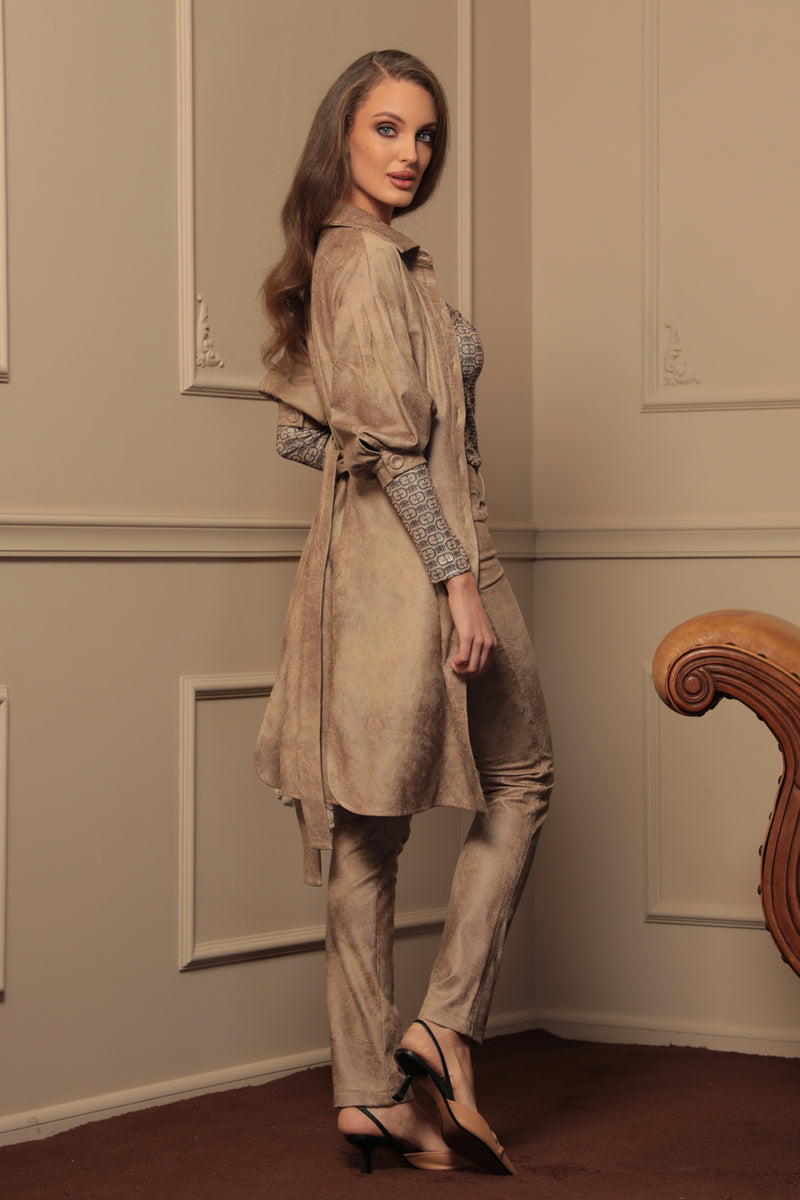 SUEDE-LOOK SHIRT DRESS IN CAPPUCINO - ESSENTIALS