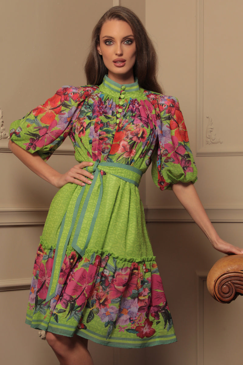 CHIFFON DRESS WITH PUFF SLEEVE - ACID GREEN LOGO JIORO ШИФОНЕНА РОКЛЯ С ОБЕМЕН РЪКАВ - ACID GREEN LOGO JIORO