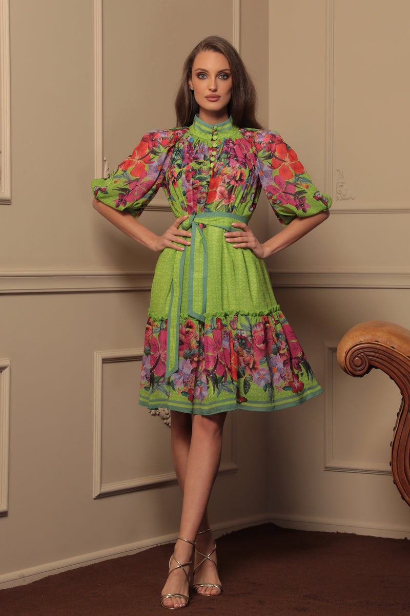 CHIFFON DRESS WITH PUFF SLEEVE - ACID GREEN LOGO JIORO ШИФОНЕНА РОКЛЯ С ОБЕМЕН РЪКАВ - ACID GREEN LOGO JIORO