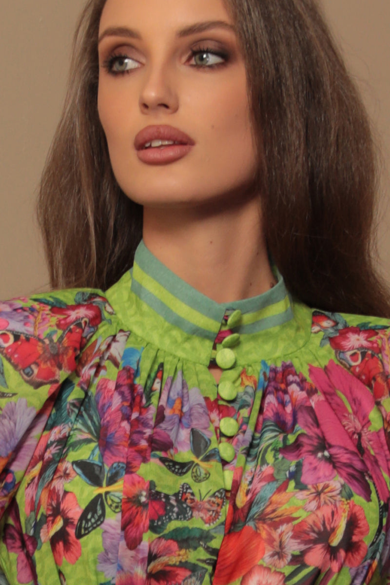 CHIFFON DRESS WITH PUFF SLEEVE - ACID GREEN LOGO JIORO ШИФОНЕНА РОКЛЯ С ОБЕМЕН РЪКАВ - ACID GREEN LOGO JIORO