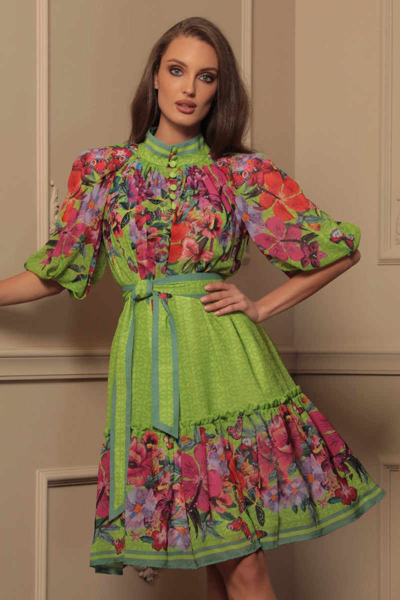 CHIFFON DRESS WITH PUFF SLEEVE - ACID GREEN LOGO JIORO ШИФОНЕНА РОКЛЯ С ОБЕМЕН РЪКАВ - ACID GREEN LOGO JIORO