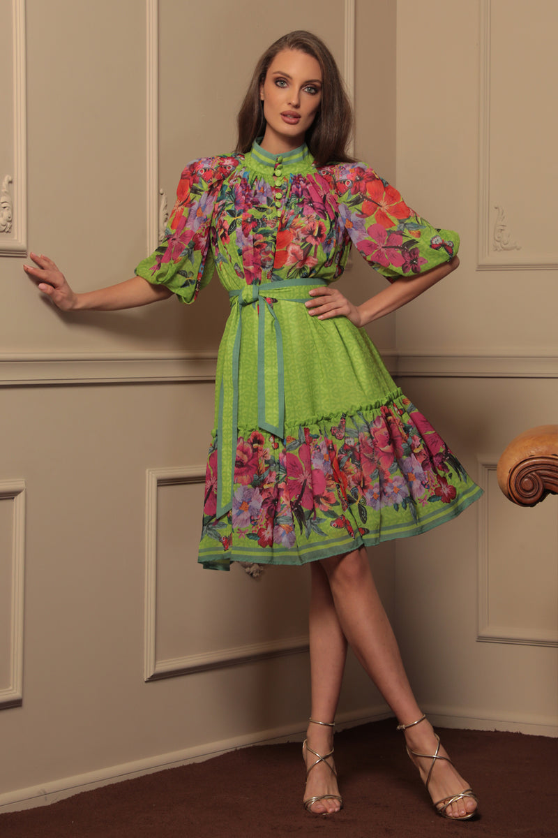 CHIFFON DRESS WITH PUFF SLEEVE - ACID GREEN LOGO JIORO ШИФОНЕНА РОКЛЯ С ОБЕМЕН РЪКАВ - ACID GREEN LOGO JIORO