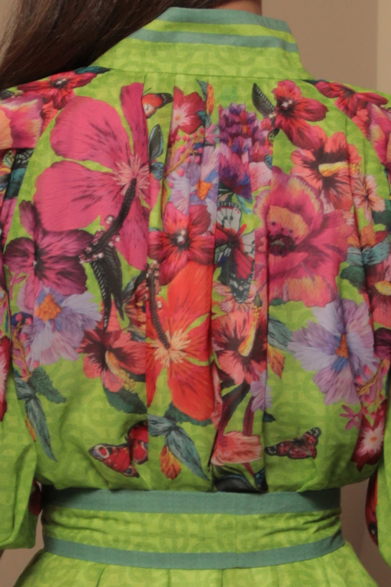 CHIFFON DRESS WITH PUFF SLEEVE - ACID GREEN LOGO JIORO ШИФОНЕНА РОКЛЯ С ОБЕМЕН РЪКАВ - ACID GREEN LOGO JIORO