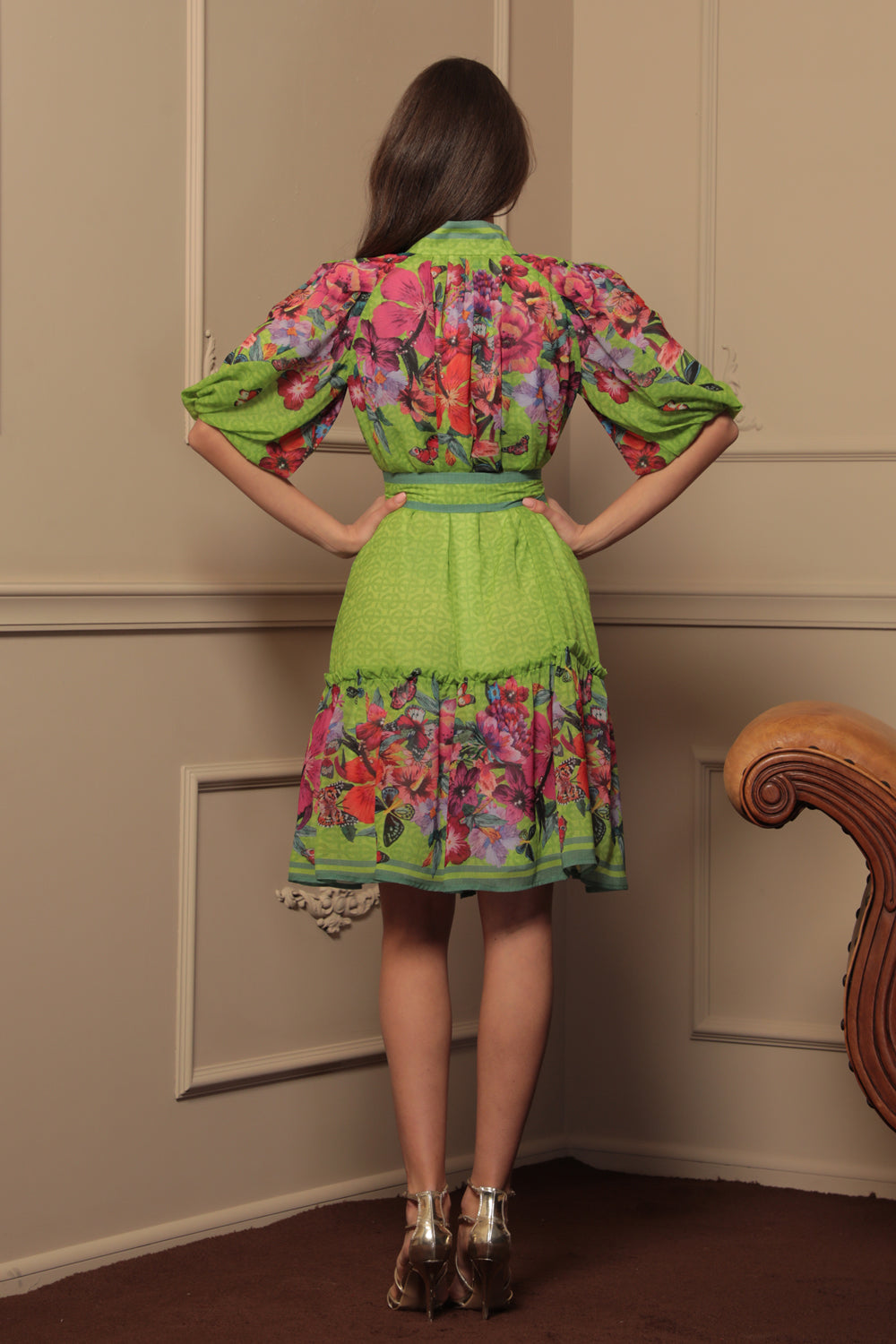 CHIFFON DRESS WITH PUFF SLEEVE - ACID GREEN LOGO