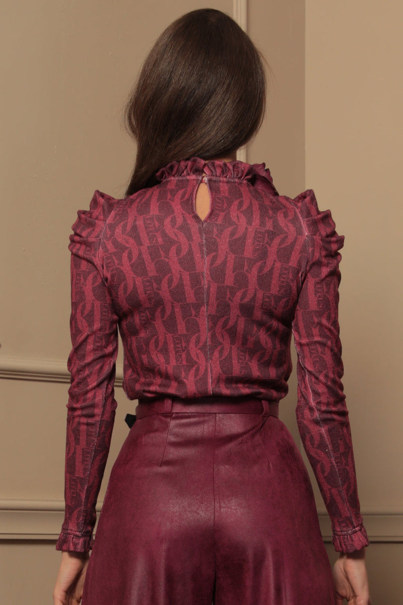 BLOUSE WITH GATHERED NECKLINE AND LOGO PRINT - BURGUNDY LOGO