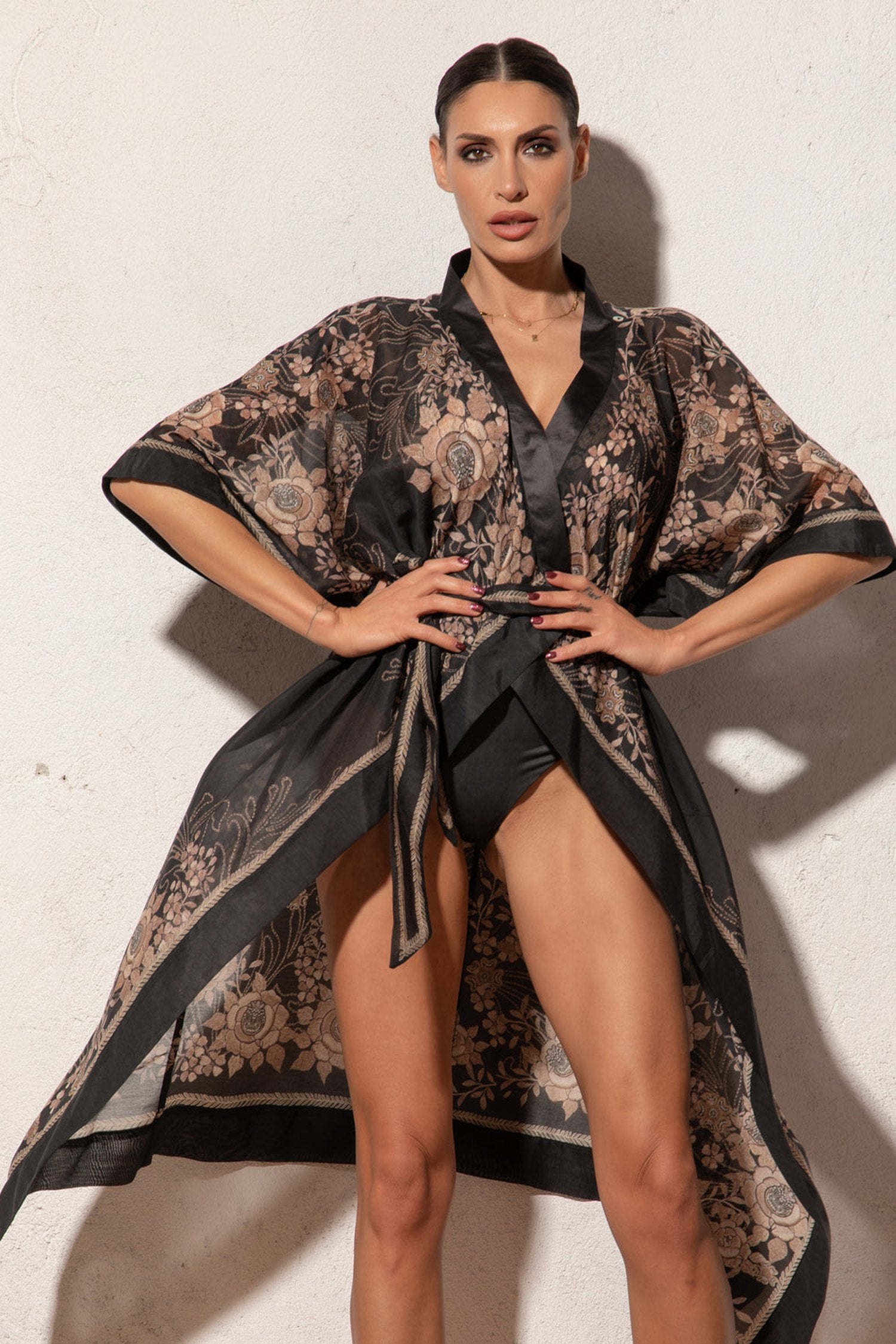 Kimono en coton de soie - Roses dorées