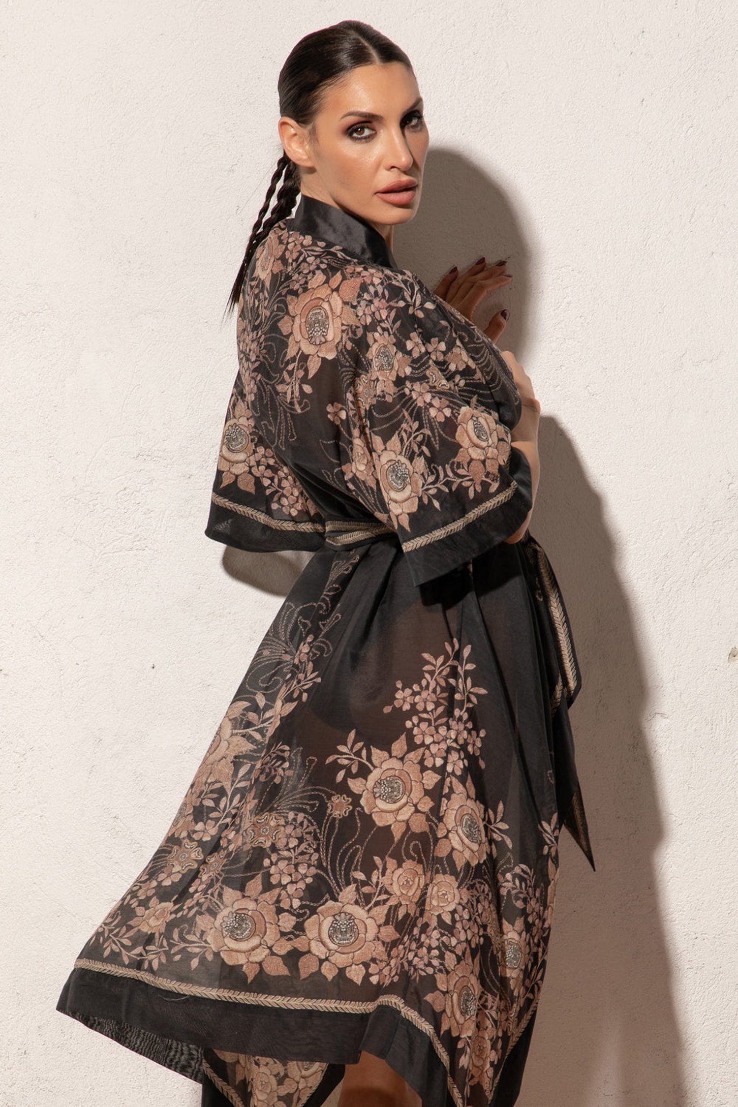 Kimono en coton de soie - Roses dorées