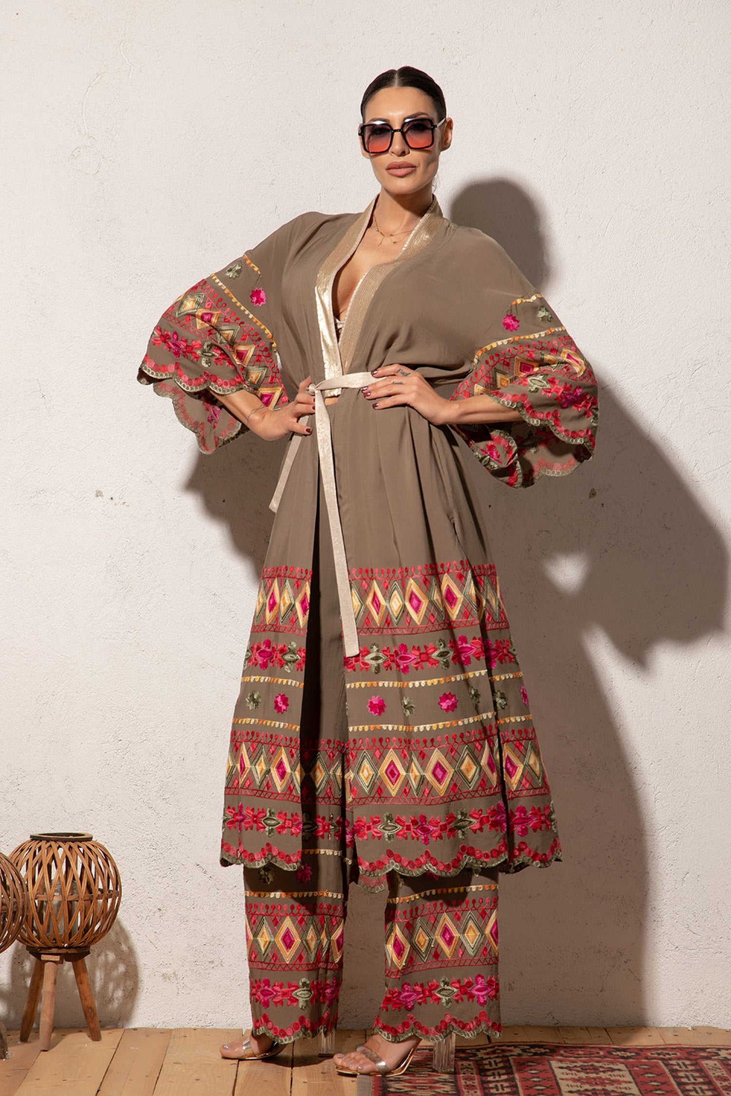 KIMONO EN VISCOSE DE COULEUR KAKI - ESSENTIELS