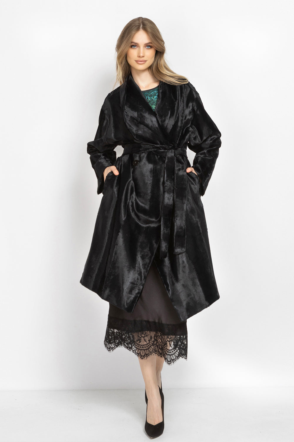 BLACK FAUX MINK SHAWL-COLLAR COAT - ESSENTIALS