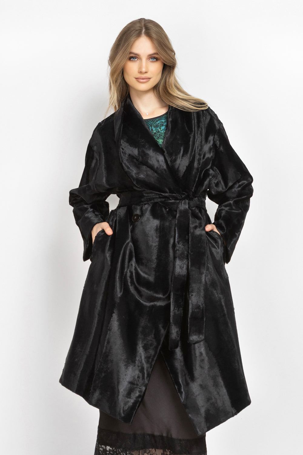 BLACK FAUX MINK SHAWL-COLLAR COAT - ESSENTIALS