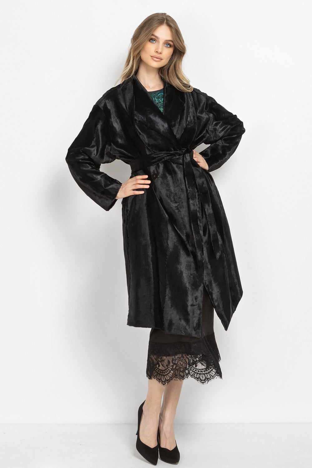 BLACK FAUX MINK SHAWL-COLLAR COAT - ESSENTIALS