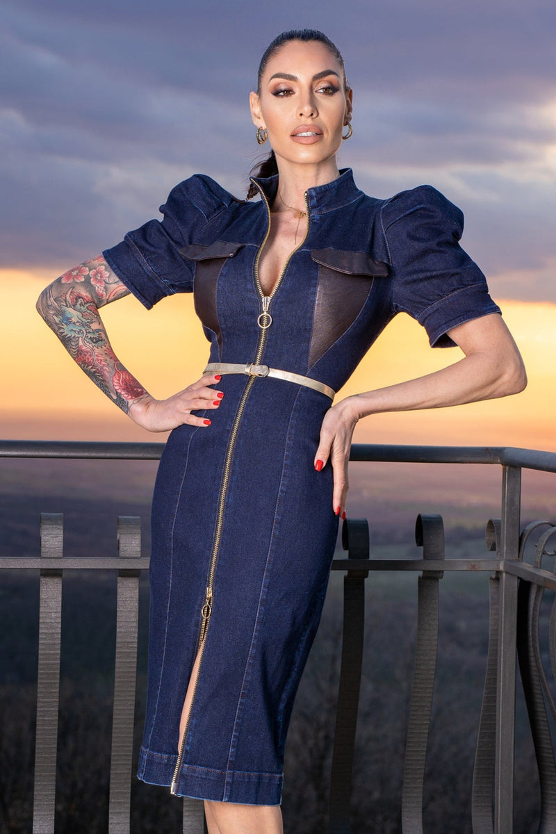 BUFFER SLEEVE DRESS IN DENIM - ESSENTIALS