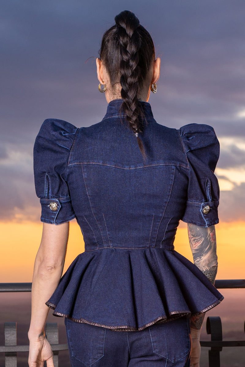 BUFFER SLEEVE DENIM BLAZER - ESSENTIALS JIORO ДЕНИМЕН БЛЕЙЗЕР С БУФАН РЪКАВ - ESSENTIALS JIORO