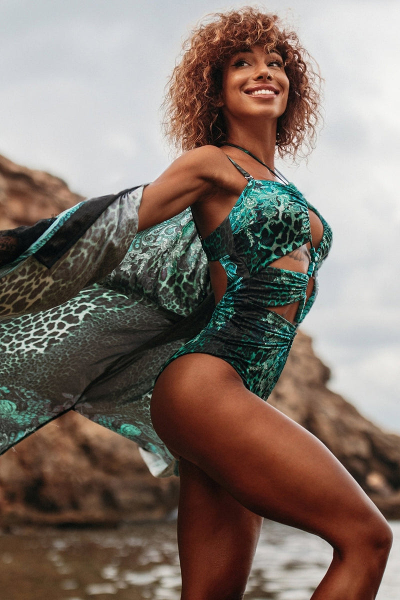 KIMONO EN VISCOSE - LÉOPARD VERT NÉON