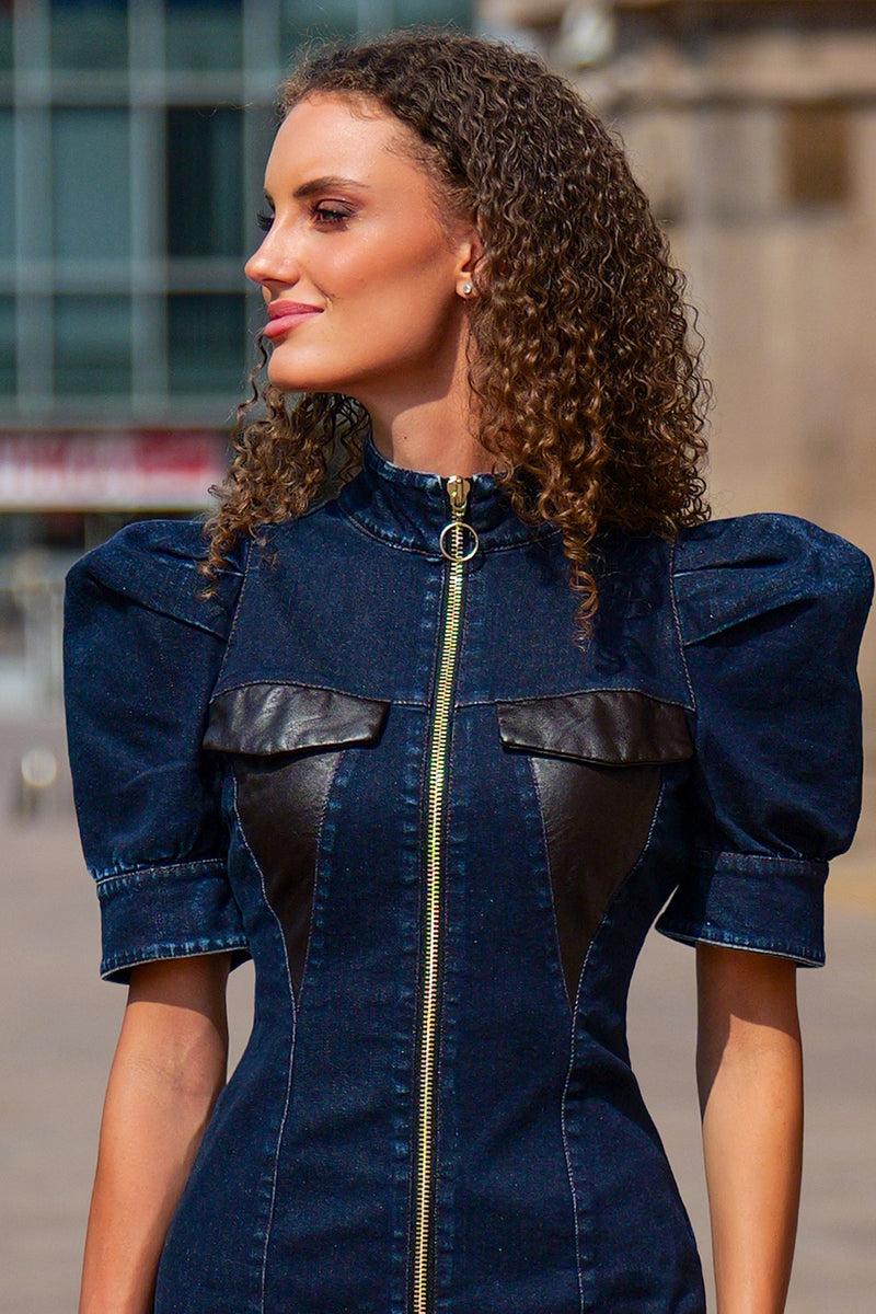 BUFFER SLEEVE DRESS IN DENIM - ESSENTIALS JIORO РОКЛЯ С БУФАН РЪКАВ В ТЪМЕН ДЕНИМ - ESSENTIALS JIORO