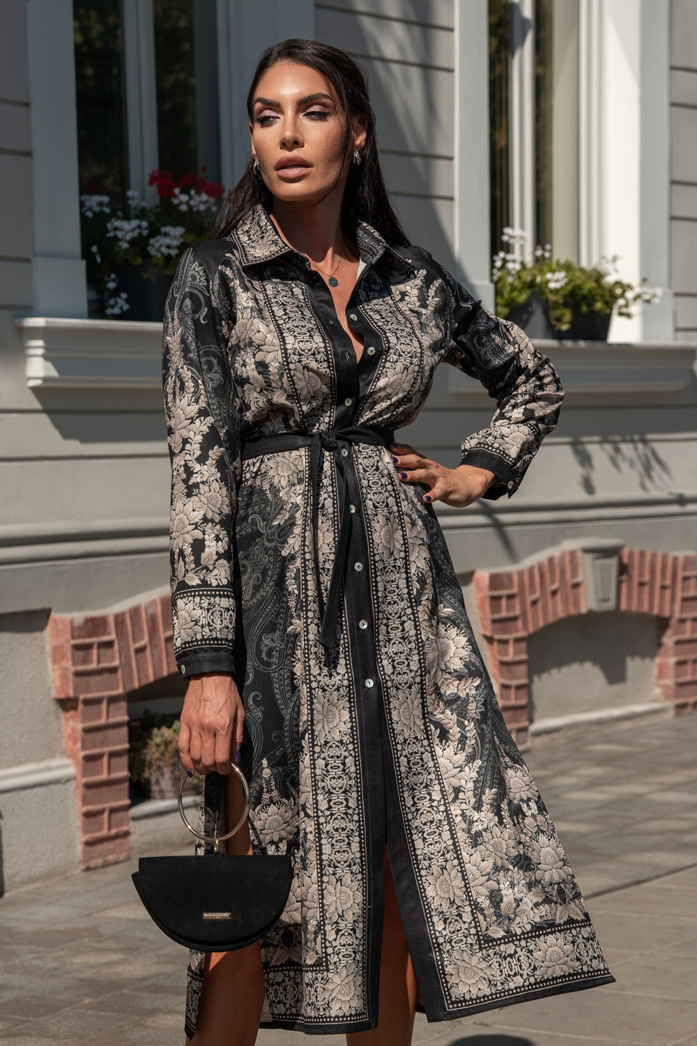 VISCOSE SHIRT DRESS WITH REMOVABLE BELT - FROZEN LOTUS