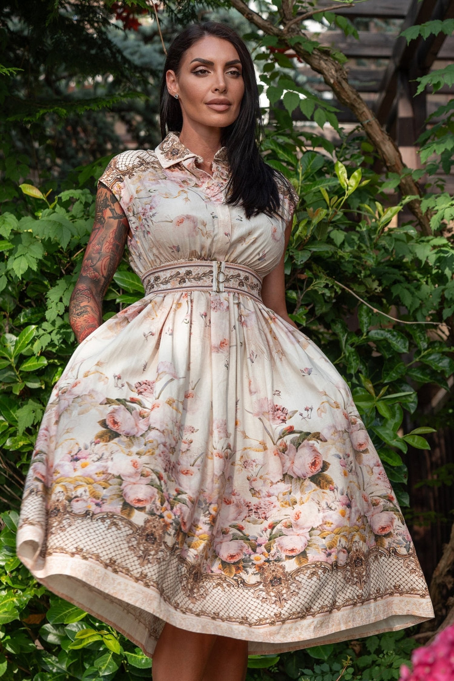 LONG POPLIN DRESS WITH DETACHABLE BELT - BAROQUE FLOWERS