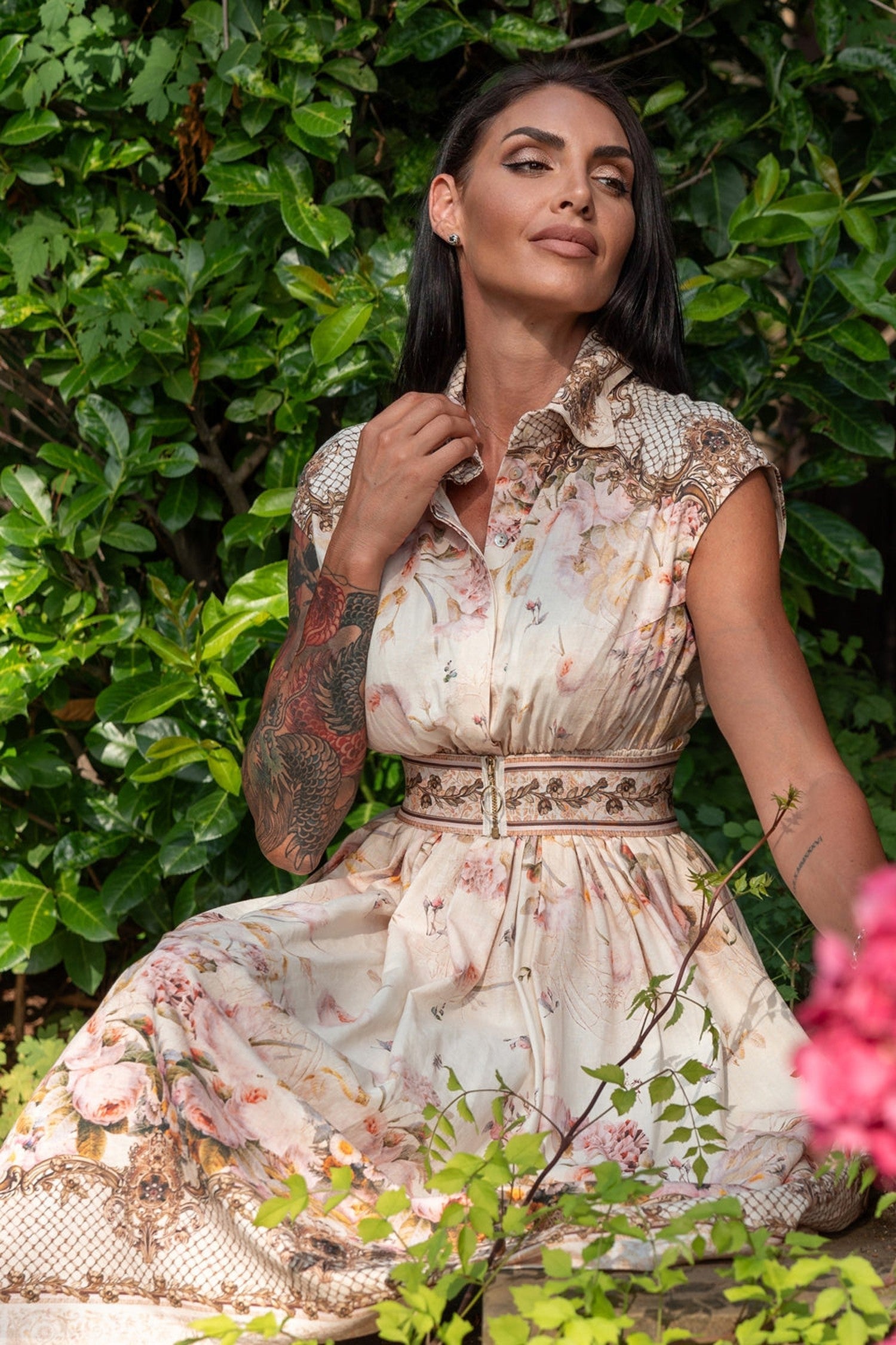 LONG POPLIN DRESS WITH DETACHABLE BELT - BAROQUE FLOWERS