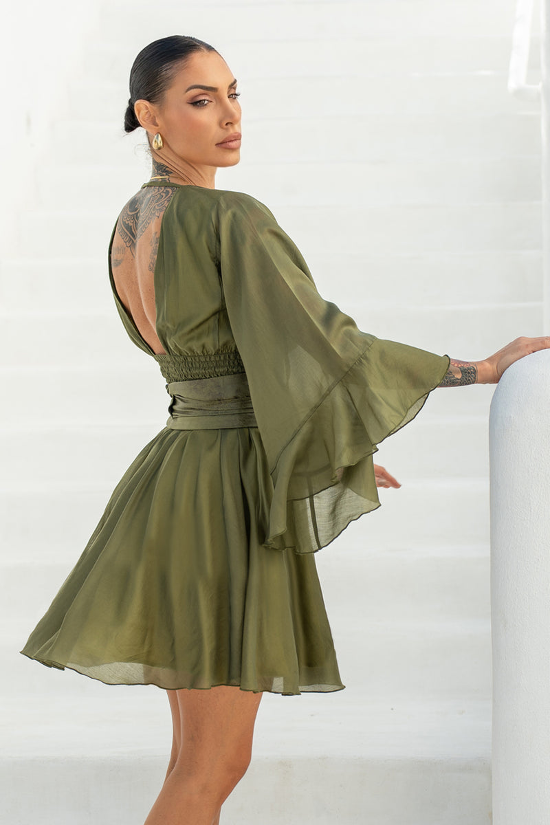 SHORT TENCEL DRESS WITH WIDE SLEEVES IN OLIVE GREEN - ESSENTIALS