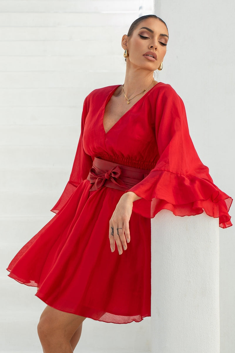 SHORT TENCEL DRESS WITH WIDE SLEEVES IN RED - ESSENTIALS JIORO КЪСА БОХО РОКЛЯ ОТ ТЕНСЕЛ С ГОЛ ГРЪБ В ЧЕРВЕНО - ESSENTIALS JIORO
