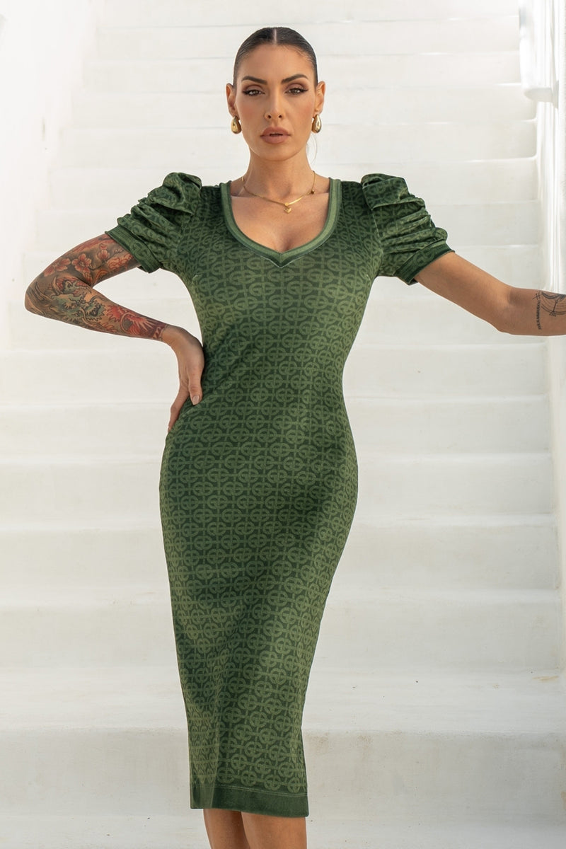 VELVET DRESS WITH PUFF SLEEVES - EMERALD GREEN LOGO