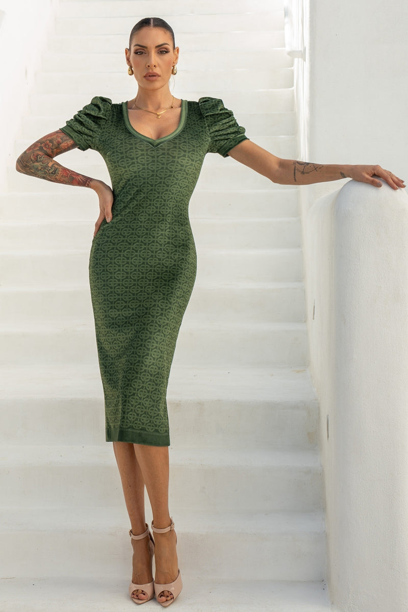 VELVET DRESS WITH PUFF SLEEVES - EMERALD GREEN LOGO