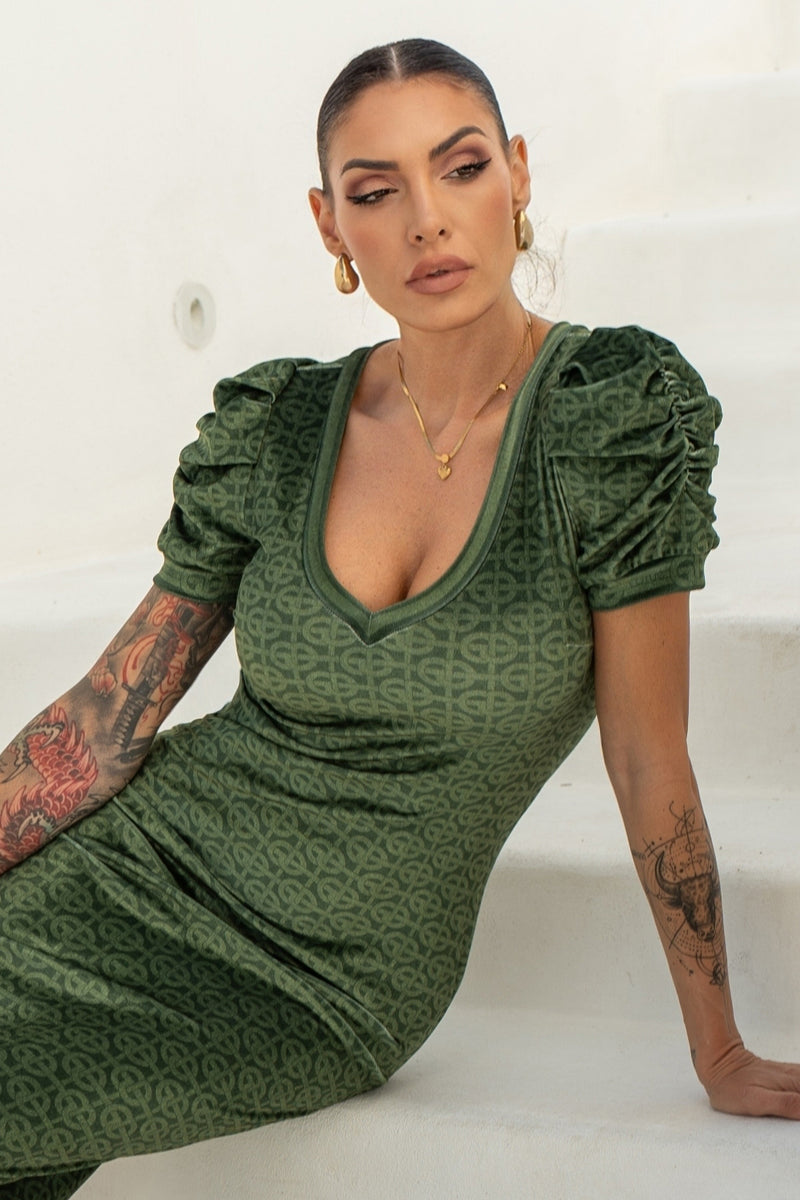 VELVET DRESS WITH PUFF SLEEVES - EMERALD GREEN LOGO