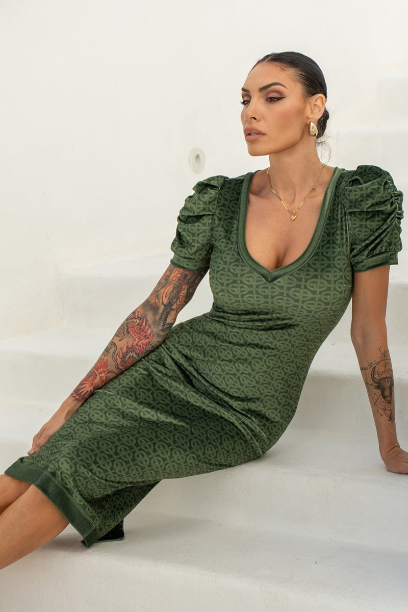 VELVET DRESS WITH PUFF SLEEVES - EMERALD GREEN LOGO