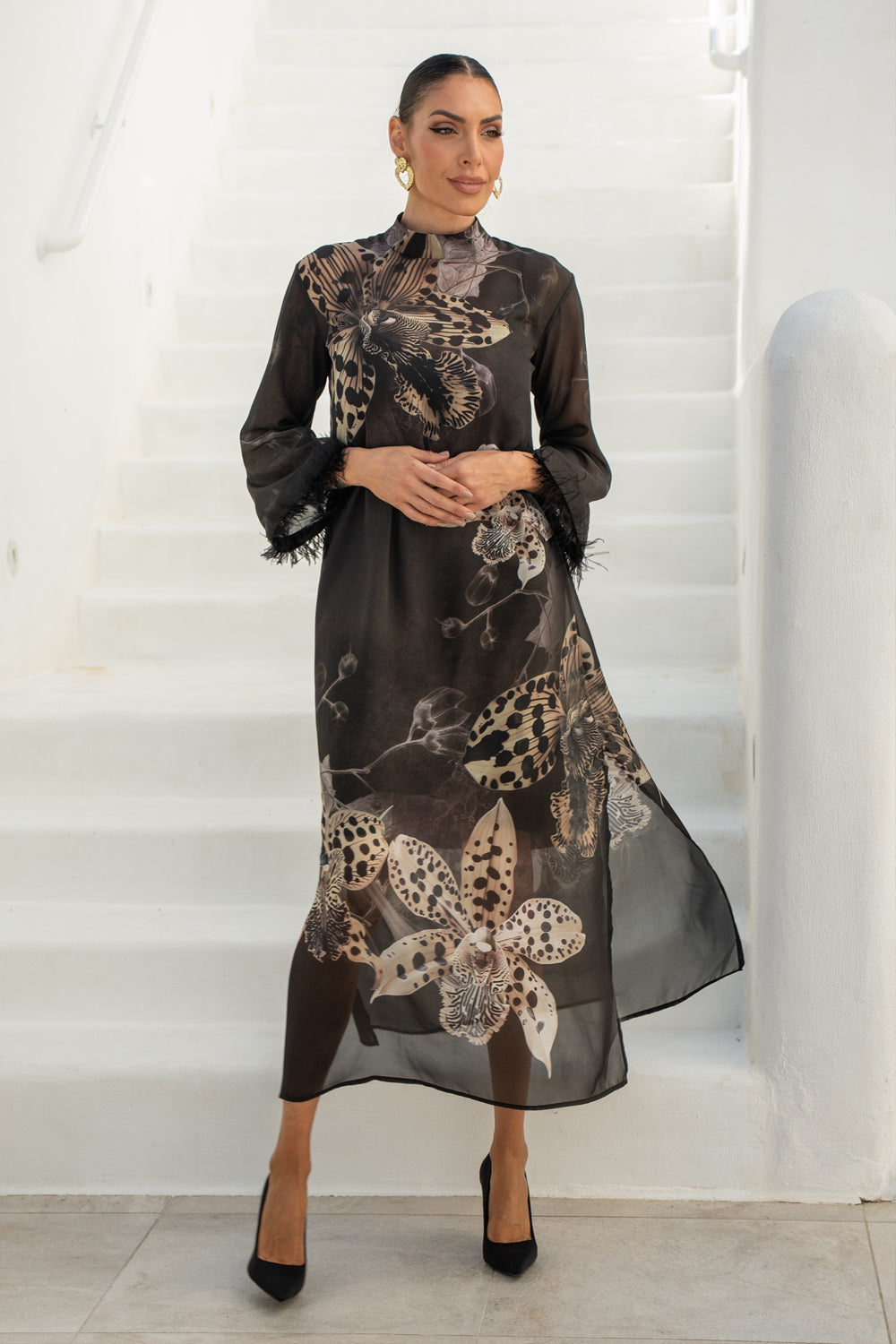 FRENCH CHIFFON CAFTAN DRESS - LEO ORCHID