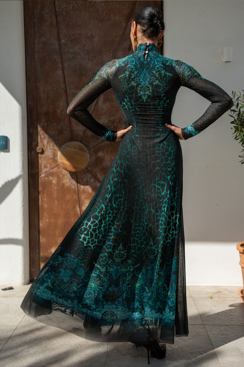 LONG FINE NET DRESS - LEO NEON GREEN JIORO ДЪЛГА РОКЛЯ ОТ ФИНА МРЕЖА - LEO NEON GREEN JIORO