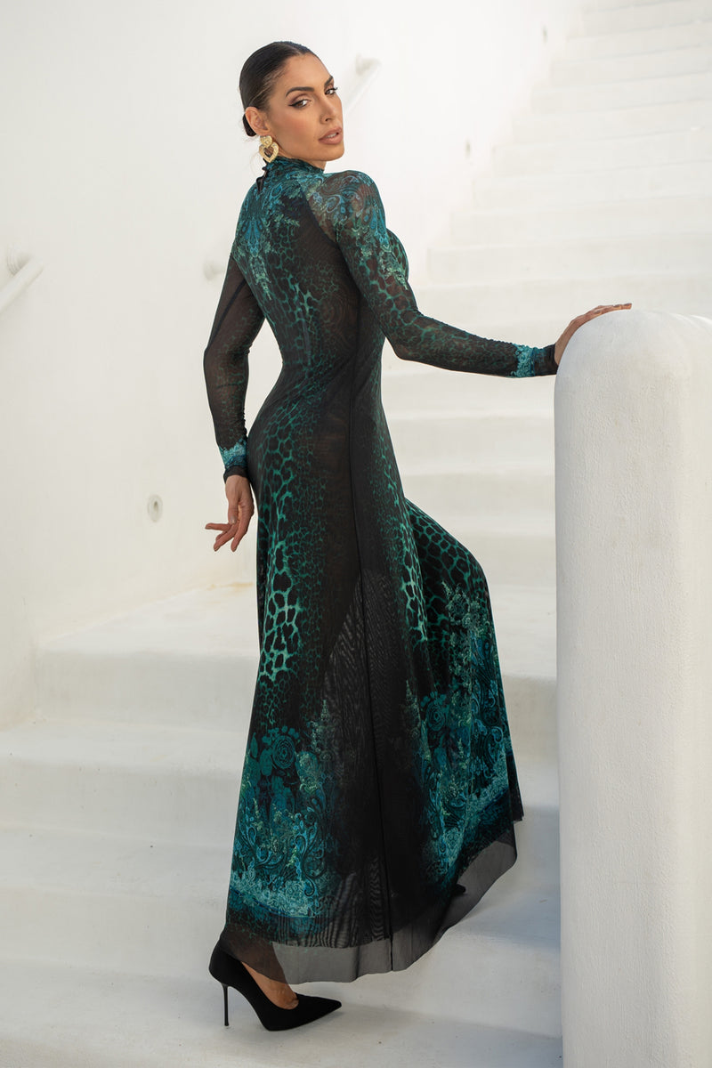 LONG FINE NET DRESS - LEO NEON GREEN