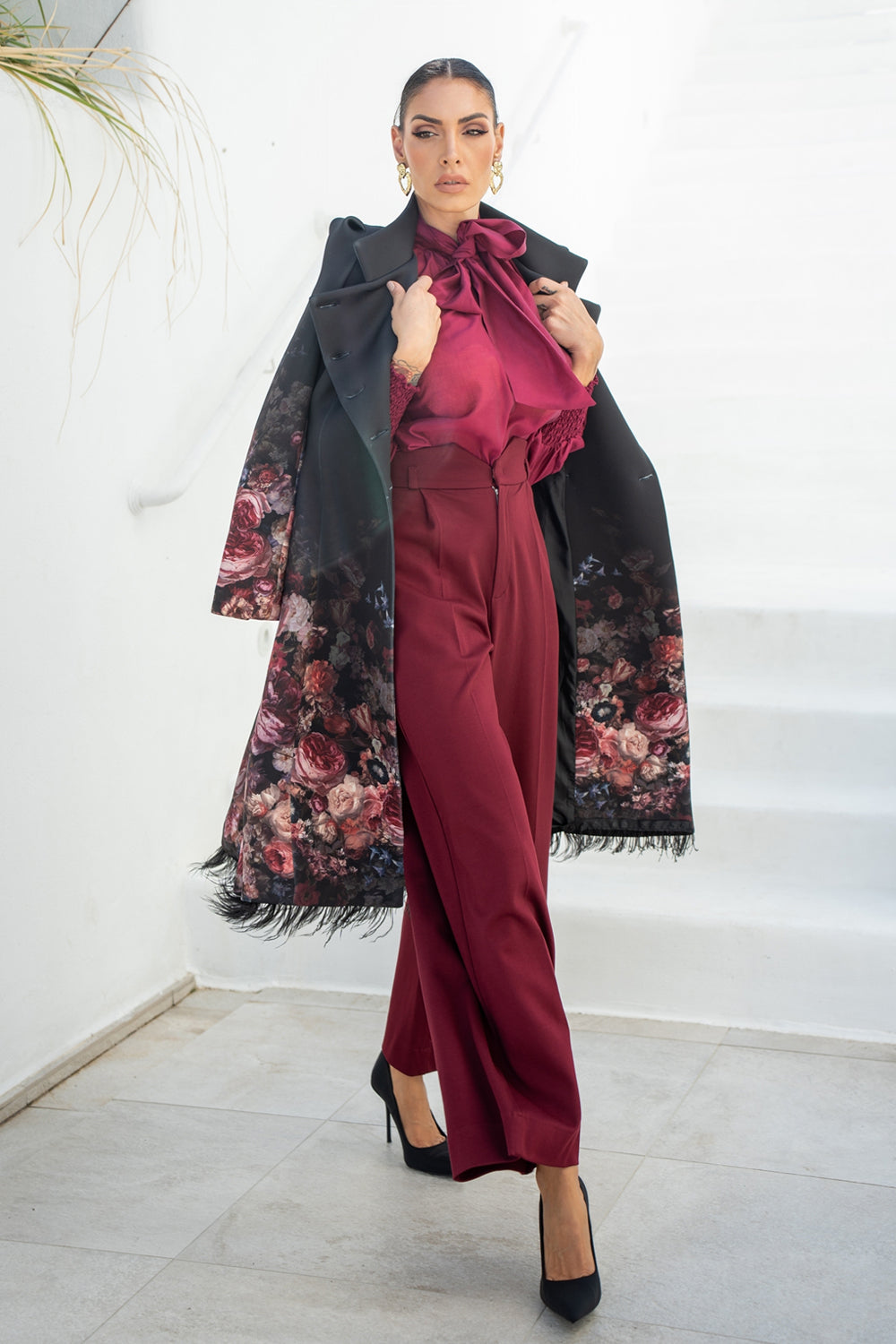 VISCOSE BLEND HIGH-WAISTED BURGUNDY TROUSERS - ESSENTIALS