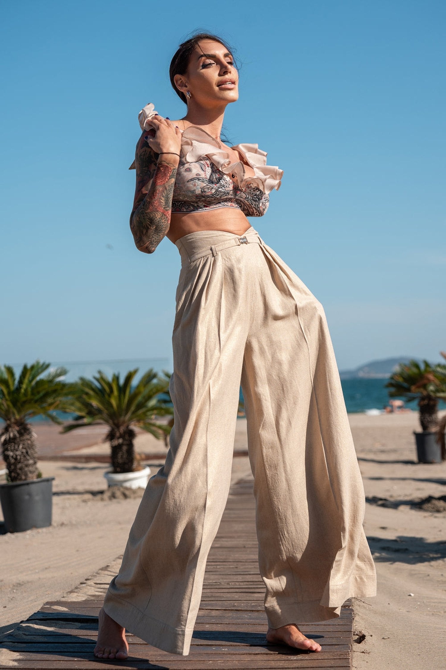 PANTALON EN LIN À TAILLE HAUTE ET JAMBE LARGE - ESSENTIELS