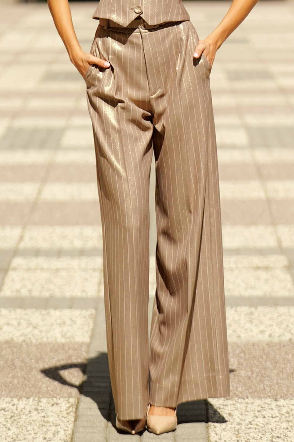 STRIPED PANTS WITH HIGH WAIST AND WIDE LEG IN BEIGE - ESSENTIALS JIORO ПАНТАЛОН РАЙЕ, ВИСОКА ТАЛИЯ И ШИРОК КРАЧОЛ В БЕЖОВО - ESSENTIALS JIORO