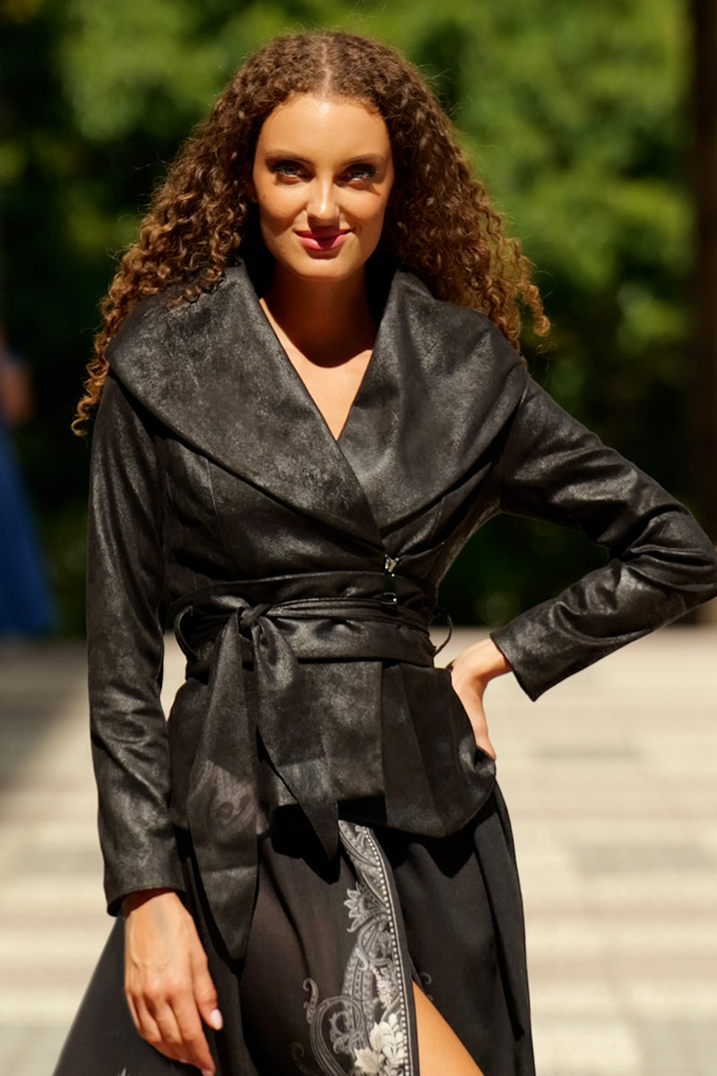 SUEDE-LOOK BLAZER WITH ASYMMETRICAL CLOSURE  IN BLACK - ESSENTIALS JIORO БЛЕЙЗЕР С ШАЛ ЯКА ОТ ВЕЛУР В ЧЕРНО - ESSENTIALS JIORO