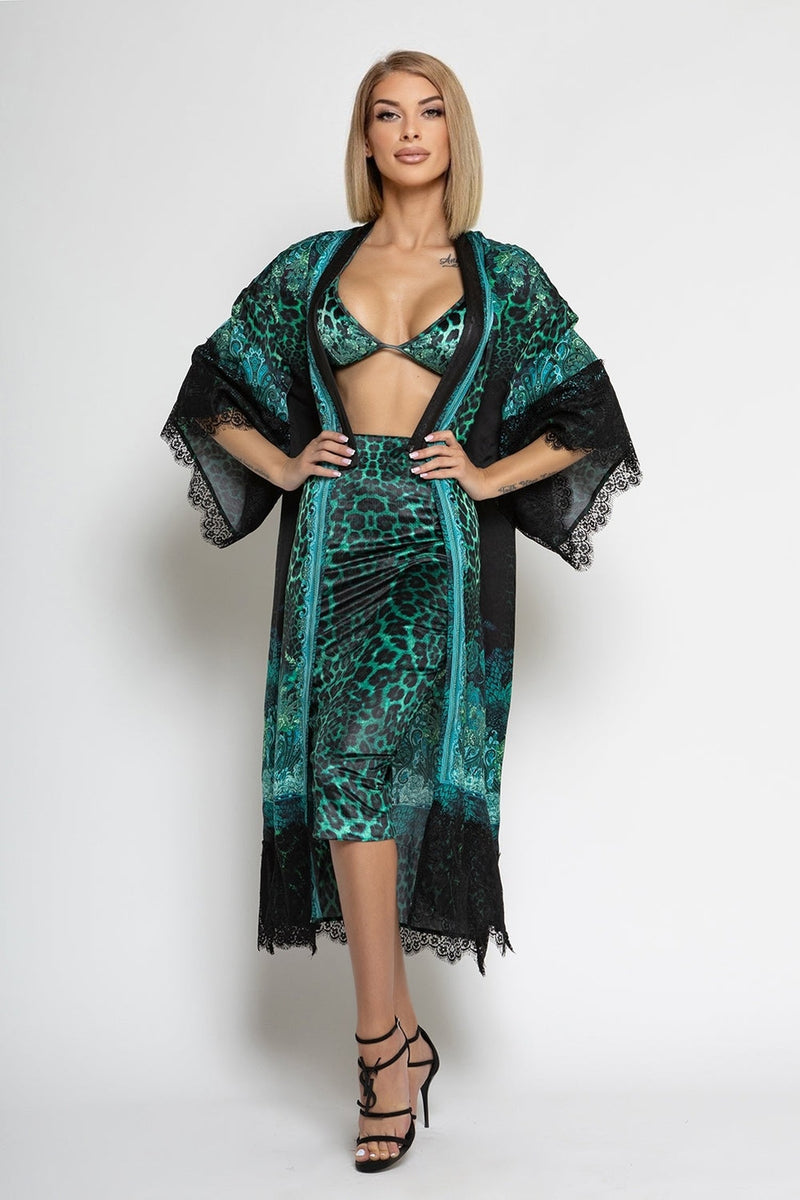 KIMONO EN VISCOSE - LÉOPARD VERT NÉON