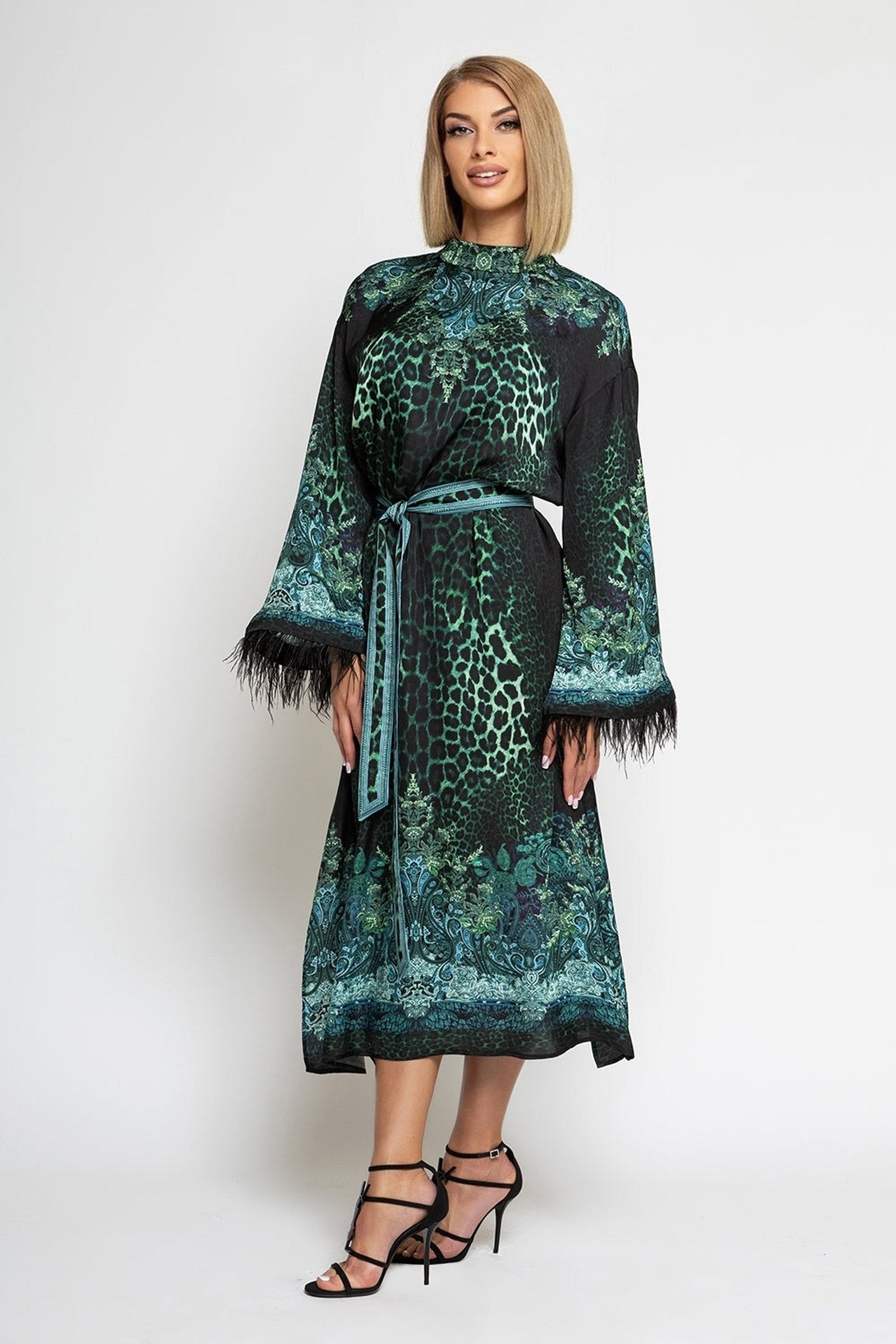 VISCOSE CAFTAN WITH FEATHERS - LEO NEON GREEN