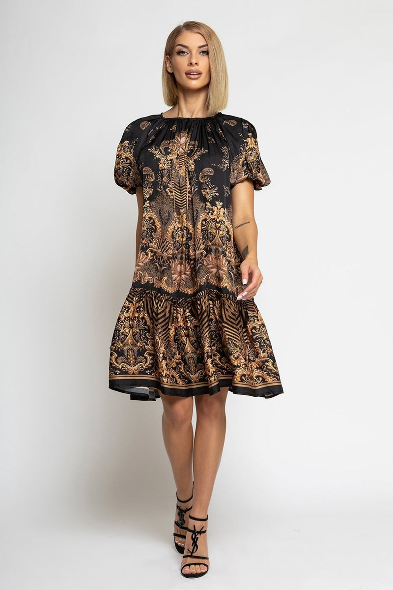 VISCOSE SATIN DRESS WITH PUFF SLEEVES - GOLDEN STRIPES JIORO РОКЛЯ С БУФАН РЪКАВ ОТ ВИСКОЗА - GOLDEN STRIPES JIORO