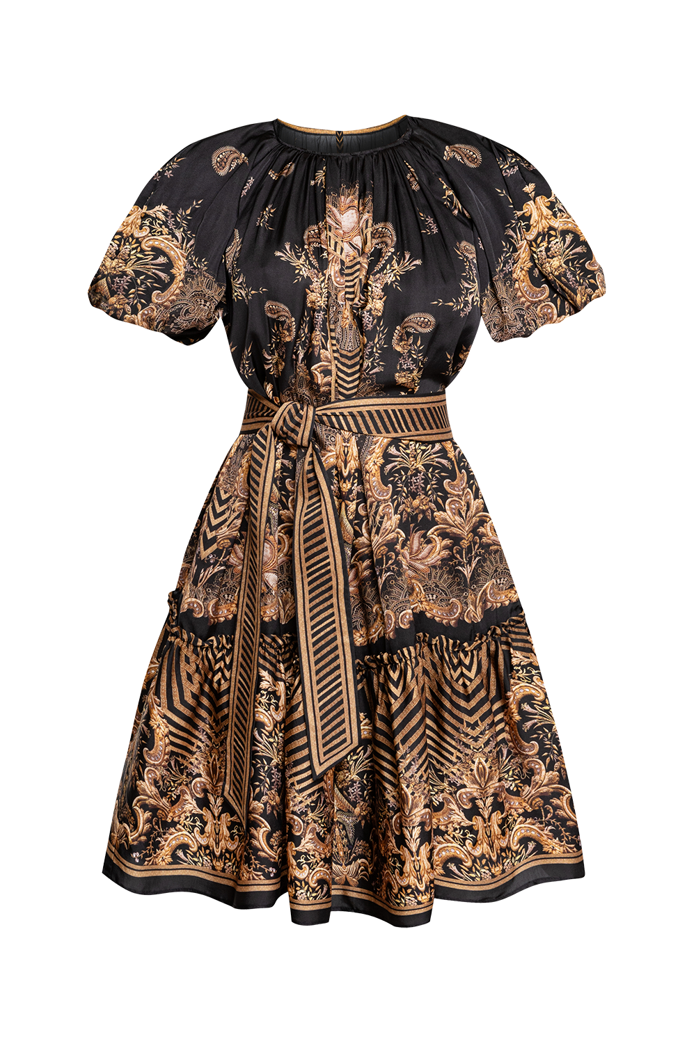 VISCOSE SATIN DRESS WITH PUFF SLEEVES - GOLDEN STRIPES