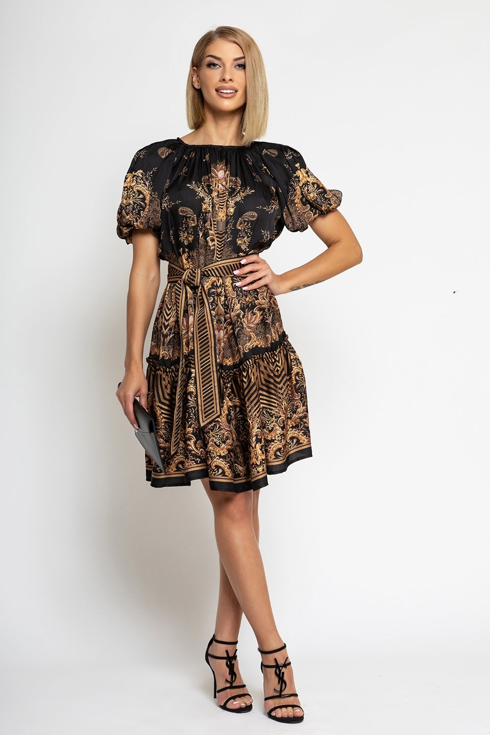 VISCOSE SATIN DRESS WITH PUFF SLEEVES - GOLDEN STRIPES