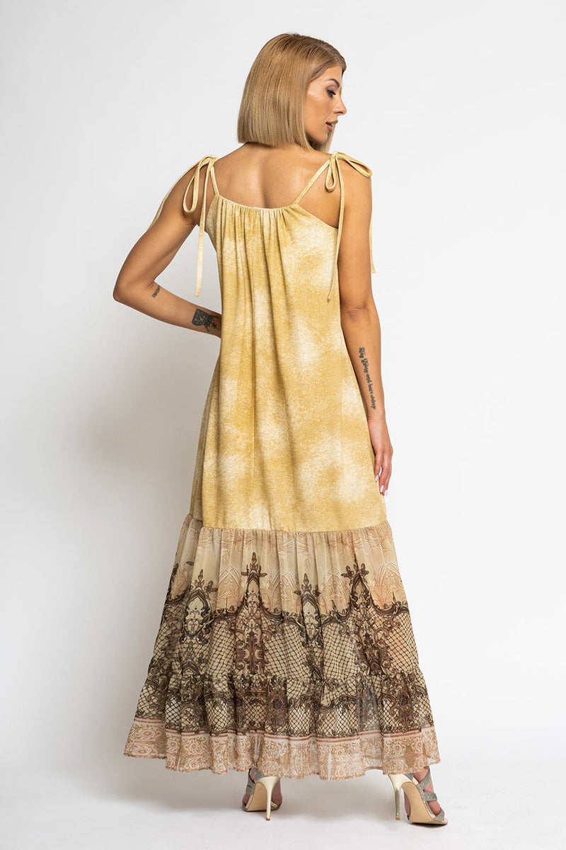 ROBE LONGUE EN COTON AVEC VOLANTS EN CHIFFON - FLEURS BAROQUES