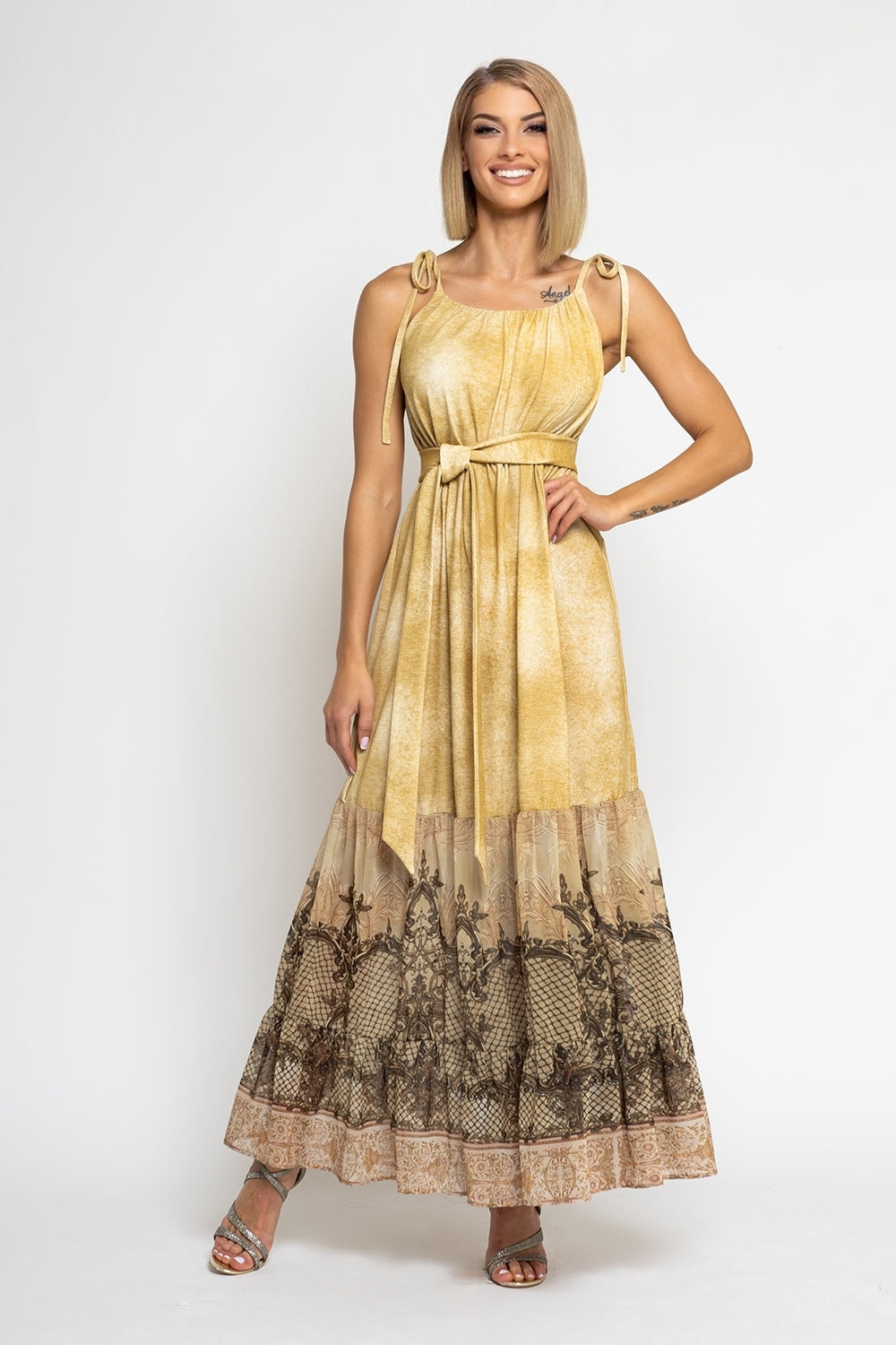 LONG COTTON DRESS WITH CHIFFON RUFFLES - BAROQUE FLOWERS