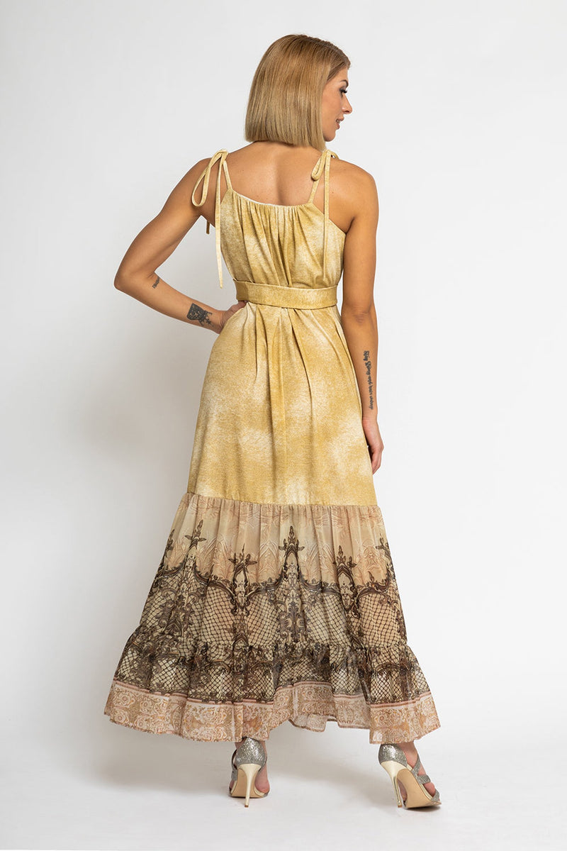 ROBE LONGUE EN COTON AVEC VOLANTS EN CHIFFON - FLEURS BAROQUES