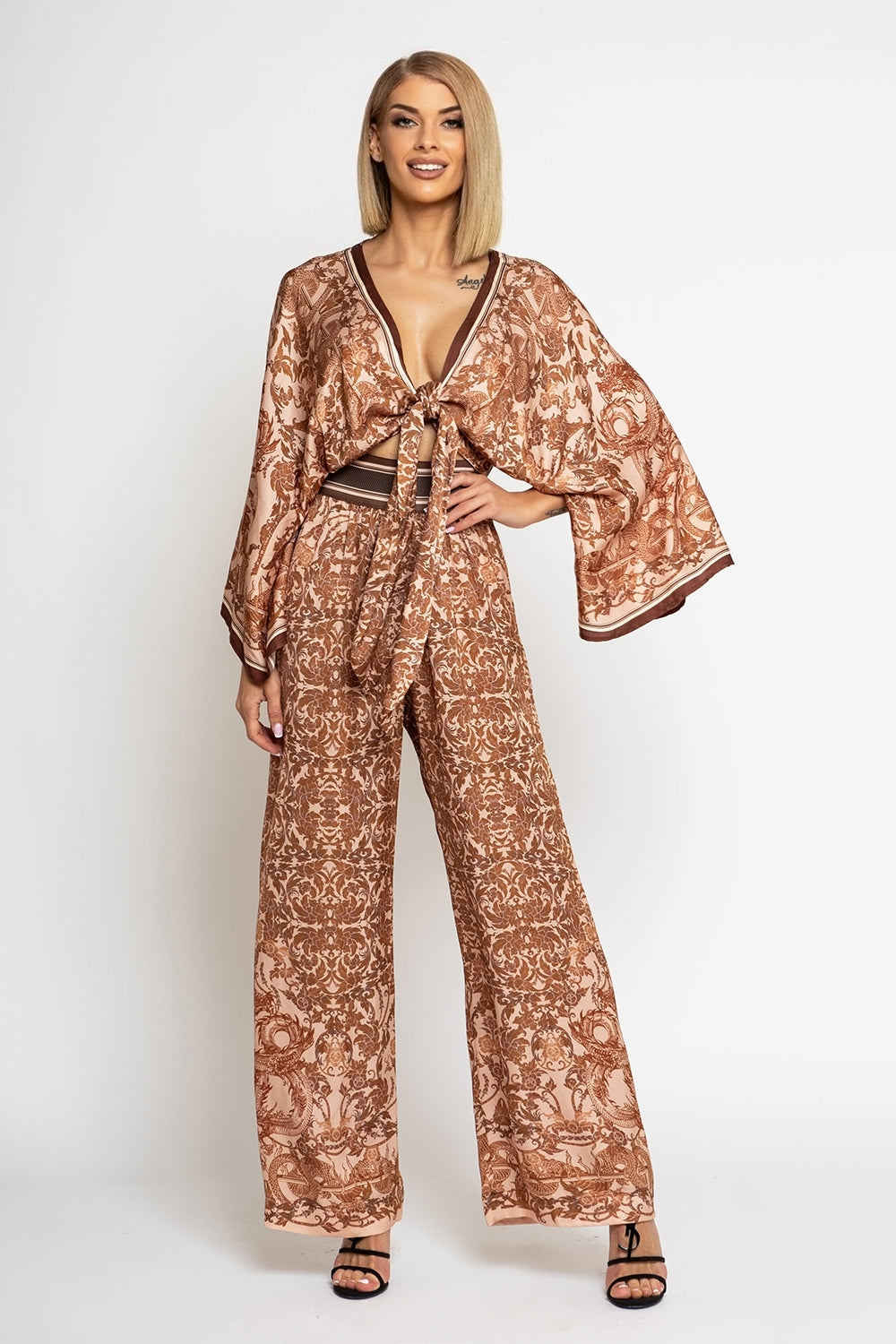 LOOSE PANTS AND VISCOSE SCARF SET - ASIA BEIGE
