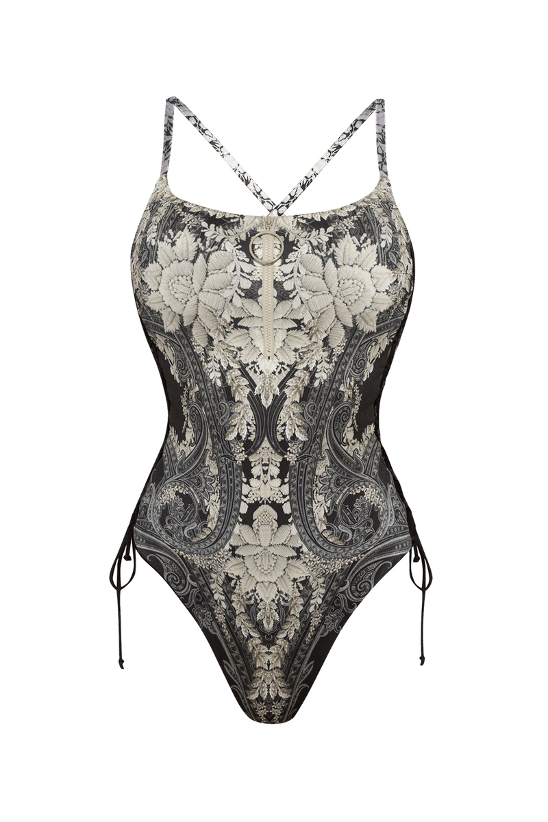 ONE-PIECE SWIMSUIT WITH ZIP AND SIDE TIES – FROZEN LOTUS